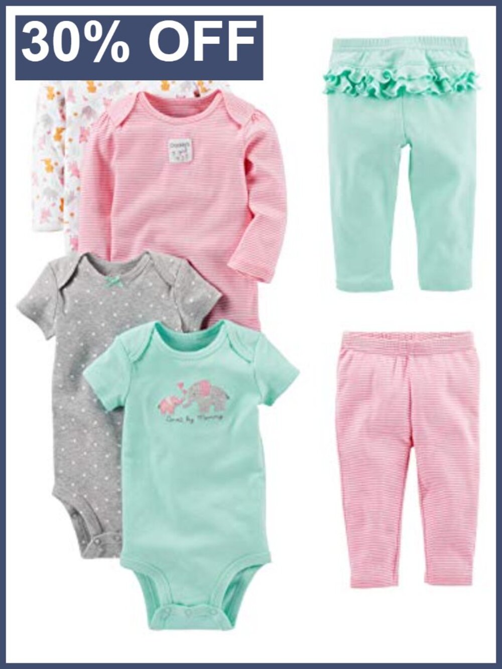 Baby Girls 6-Piece Cotton Bodysuit and Pants Set with Ruffle Bottom